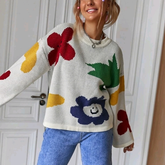 Floral Pattern Drop Shoulder Sweater - Picture 3 of 8